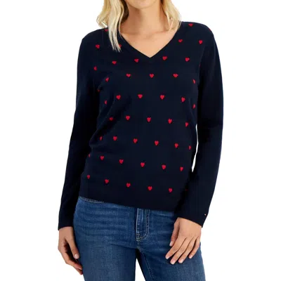 Tommy Hilfiger Womens Printed Knit V-neck Sweater In Sky Capt C