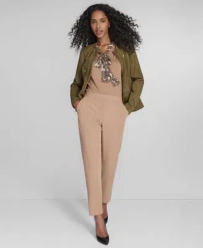 Tommy Hilfiger Womens Scuba Suede Long Sleeve Jacket Mixed Media Paisley Sweater Sloane Slim Leg Ankle Pants In Brown