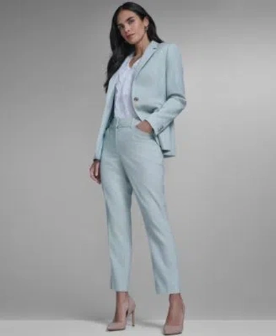 Tommy Hilfiger Womens Slim Fit Tonal Stripe Blazer Slim Fit Tonal Stripe Pants Ruffled Mixed Media Top In Ivory