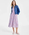 Tommy Hilfiger Womens Smocked Floral Print Cotton Midi Dress Denim Jacket In Chespk Wash