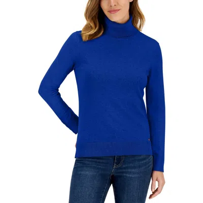 Tommy Hilfiger Womens Solid Cotton Turtleneck Sweater In True Blue