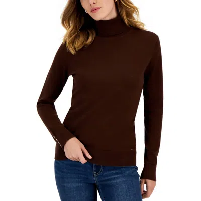 Tommy Hilfiger Womens Solid Cotton Turtleneck Sweater In Brown