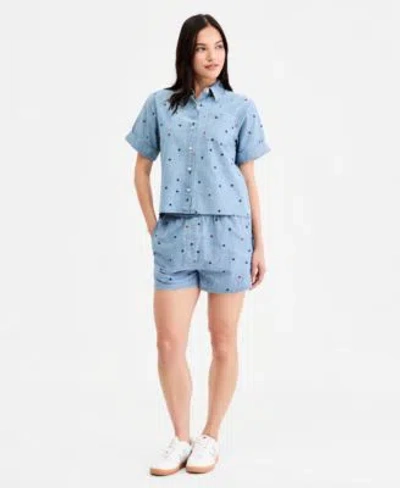 Tommy Hilfiger Womens Star Print Chambray Short Sleeve Shirt Shorts In Blue
