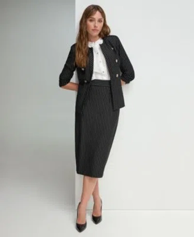 Tommy Hilfiger Womens Striped Band Collar Jacket Ruffled Blouse Pinstriped Midi Pencil Skirt In Black,ivory