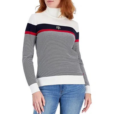 Tommy Hilfiger Womens Striped Cotton Turtleneck Sweater In Ivory Multi