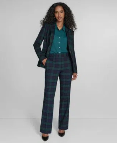 Tommy Hilfiger Womens Watch Plaid Slim Fit Blazer Bootcut Trousers Pleated Long Sleeve Button Down In Green