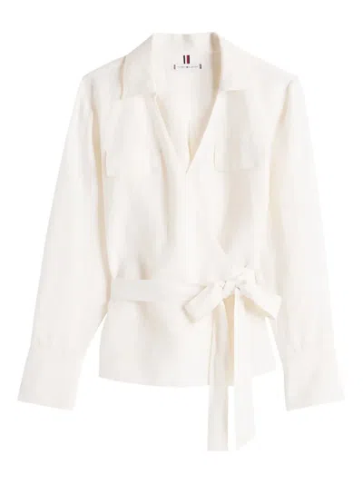 Tommy Hilfiger Textured Linen Wrap Blouse With Belted Waist In Neutral