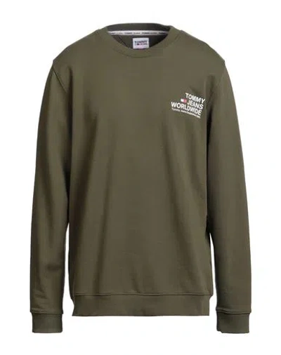 Tommy Jeans Man Sweatshirt Military Green Size Xxs Cotton, Elastane