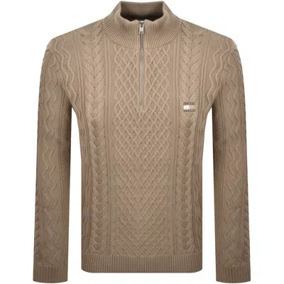 Tommy Jeans Quarter Zip Cable Knit Jumper Beige In Brown