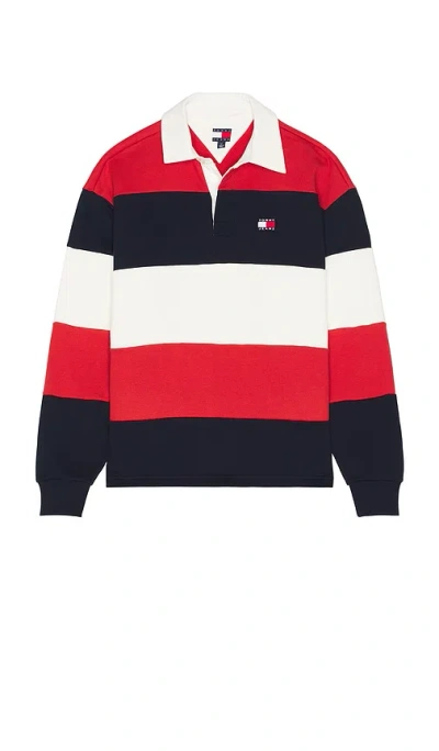 Tommy Jeans Relaxed Badge Stripe Rugby In Navy & Terracotta