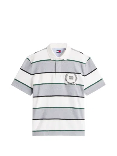 Tommy Jeans Striped Logo-embroidered Polo Shirt In Gray