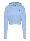 Tommy Jeans Cable Knit Cropped Hoodie With Cozy Hood In Azzurro Blu E Verdi