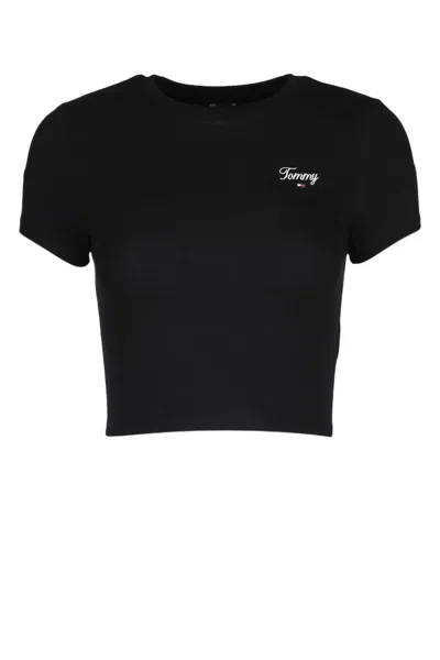 Tommy Jeans Slim Cropped Script T-shirt In Black