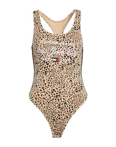 Tommy Jeans Woman Bodysuit Sand Size Xs Cotton, Elastane In Animal Print
