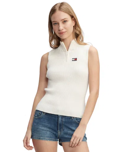 Tommy Jeans Women's 1/4-zip Sleeveless Badge Sweater In Ancient White