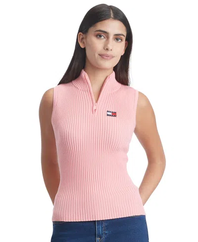 Tommy Jeans Women's 1/4-zip Sleeveless Badge Sweater In Tickled Pink