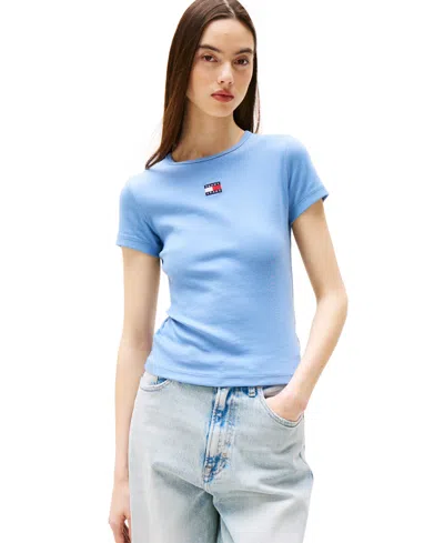 Tommy Jeans Women's Badge Logo Ribbed T-shirt In Colorado Blue