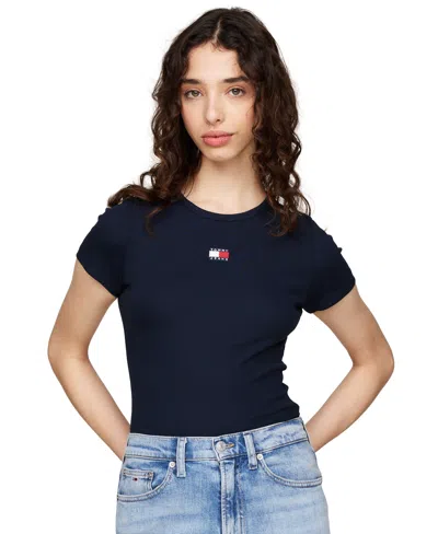 Tommy Jeans Women's Badge Logo Ribbed T-shirt In Dark Night Navy