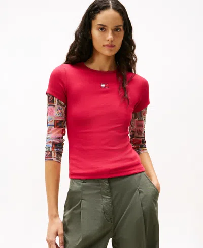 Tommy Jeans Women's Badge Logo Ribbed T-shirt In Red