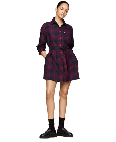 Tommy Jeans Women's Belted Checkered Shirt Dress In Rouge Winter Check