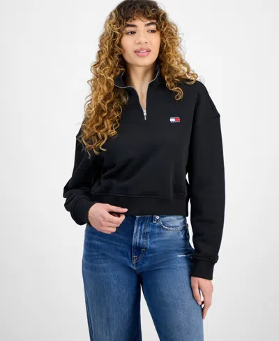 Tommy Jeans Women's Boxy Cropped Badge Quarter-zip Sweatshirt In Black