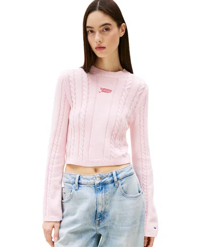 Tommy Jeans Women's Cable-knit Crewneck Logo Sweater In Precious Pink