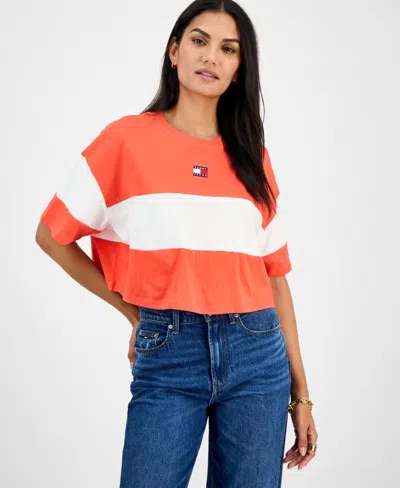 Tommy Jeans Women's Colorblock Cotton Crop T-shirt In Bright Vermillion,multi
