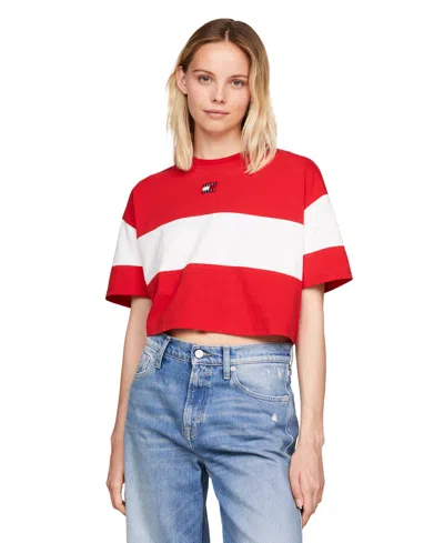 Tommy Jeans Women's Colorblock Cotton Crop T-shirt In Deep Crimson,multi
