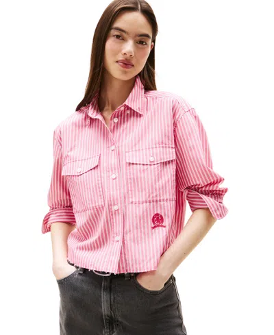 Tommy Jeans Women's Cotton Crop Button-front Crest Shirt In Pink