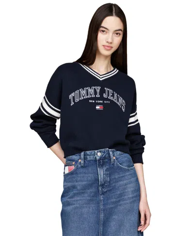 Tommy Jeans Women's Cotton Cropped Varsity Sweater In Navy