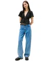 Tommy Jeans Women's Cotton Embroidered Plunging-neck Blouse In Black