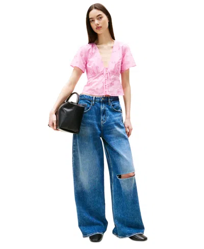 Tommy Jeans Women's Cotton Embroidered Plunging-neck Blouse In Carnival Pink