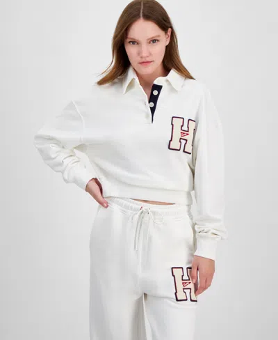 Tommy Jeans Women's Cotton H-patch Long-sleeve Polo Sweatshirt In Antique White