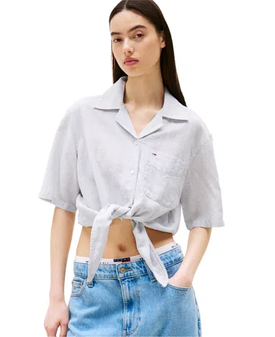 Tommy Jeans Women's Cotton-linen Short-sleeve Shirt In Colorado Blue,stripe