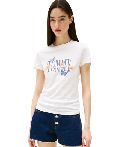 Tommy Jeans Women's Cotton Slim Fit Butterfly Graphic Tee In Ecru