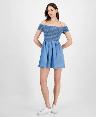TOMMY JEANS WOMEN'S COTTON SMOCKED-BODICE FIT & FLARE DRESS