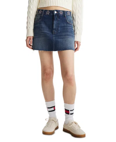 Tommy Jeans Women's Cotton Studded Star Denim Mini Skirt In Denim Dark