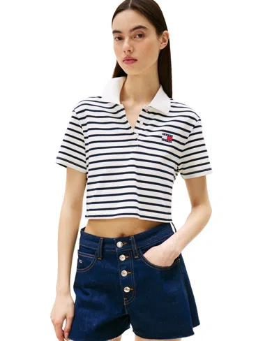 Tommy Jeans Women's Crop Badge Short-sleeve Polo Top In Ecru,navy Stripe