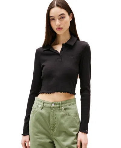 Tommy Jeans Women's Cropped Long Sleeve Polo In Black