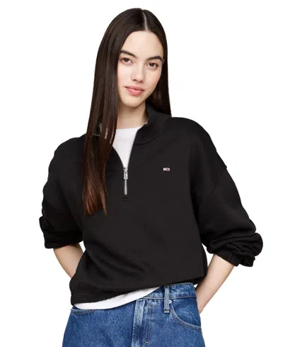 Tommy Jeans Women's Cropped Quarter-zip Crewneck Sweatshirt In Black