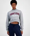 Tommy Jeans Women's Cropped Tartan Logo Mock Neck Sweatshirt In Grey Heather