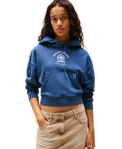 Tommy Jeans Women's Cropped Varsity Crest Cotton Hoodie Sweatshirt In Dark Night Navy