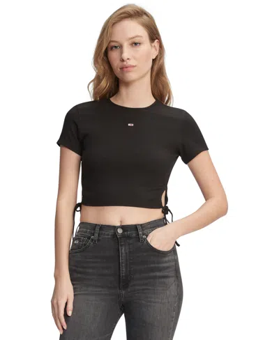 Tommy Jeans Women's Drawstring Ribbed T-shirt In Black
