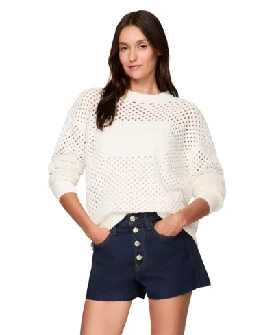 Tommy Jeans Women's Flag Open-knit Crewneck Sweater In Ancient White