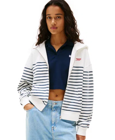 Tommy Jeans Women's Full-zip Logo Hoodie In Ecru,navy Stripe