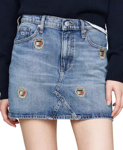 Tommy Jeans Izzie Embroidered Crest Logo Denim Mini Skirt In Tinted Denim, Women's At Urban Outfitters