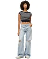 Tommy Jeans Womens Striped Off The Shoulder Sweater Mia Relaxed Straight Jeans In Denim Light