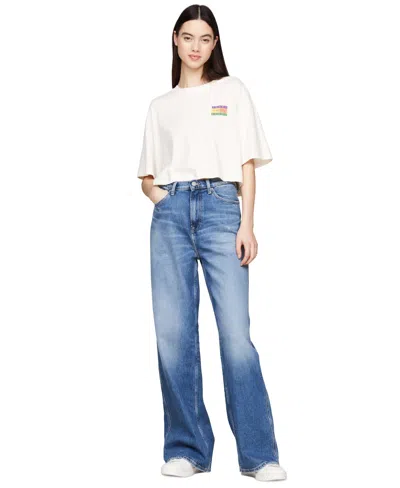 Tommy Jeans Women's Oversized Cropped Summer Flag T-shirt In Ancient White