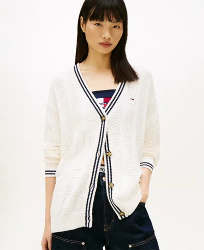 Tommy Jeans Women's Oversized Flag Cable Long-sleeve Cardigan In White