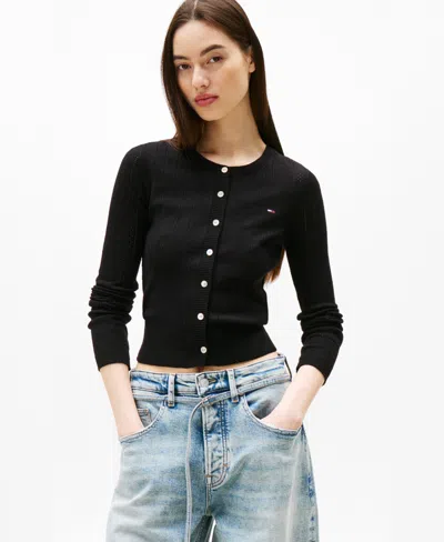 Tommy Jeans Women's Pointelle-pattern Crewneck Cardigan In Black